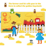 Children's book page with a farmer, wife, and farm animals on a yellow background.
