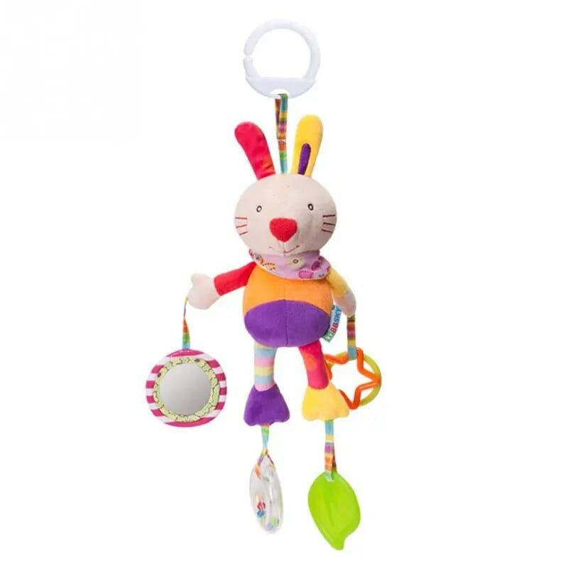 Colorful rabbit-shaped baby toy with various attachments on a white background