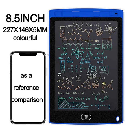 8.5-inch electronic writing pad with mathematical equations on screen, next to a smartphone for size comparison.