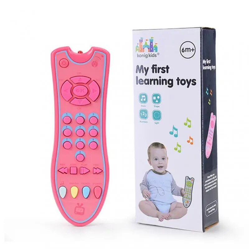 Pink toy remote control with packaging featuring a baby and text on a white background