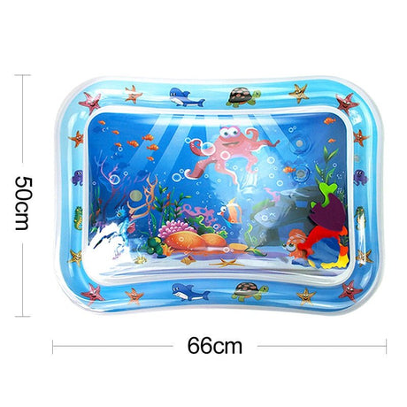 Inflatable water mat with underwater scene and dimensions on a white background