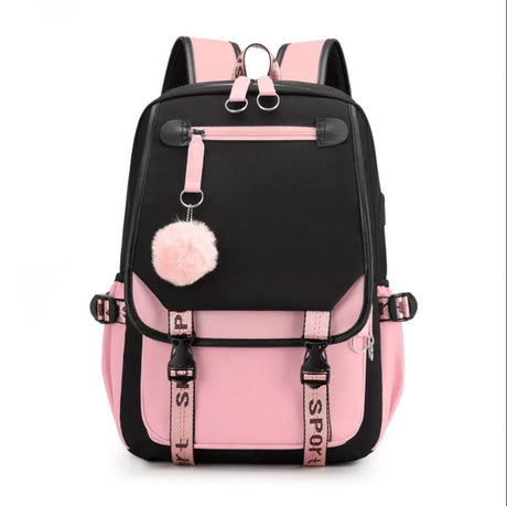Large USB Canvas School Bag for Teenage Girls: Fashionable Black Pink Backpack image 0