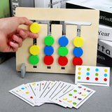 Color recognition game with wooden board and cards on a table