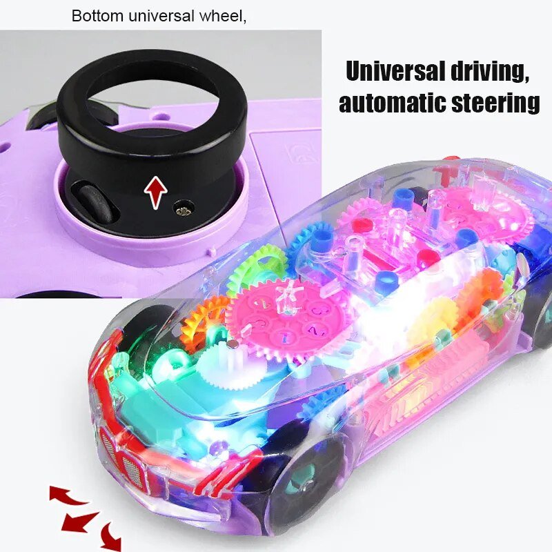 Toy car with colorful gears and steering wheel on a white background