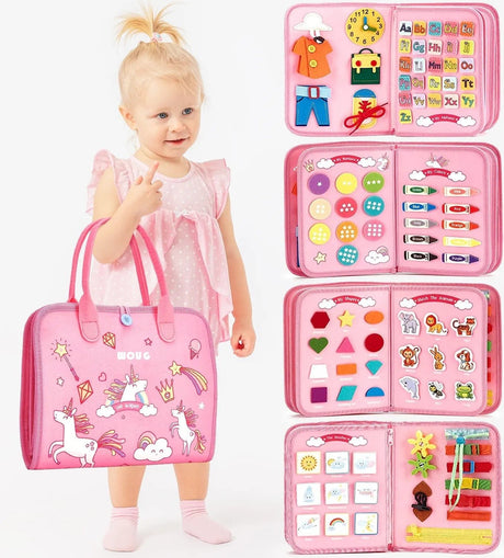 Child holding a pink educational toy set with various compartments.