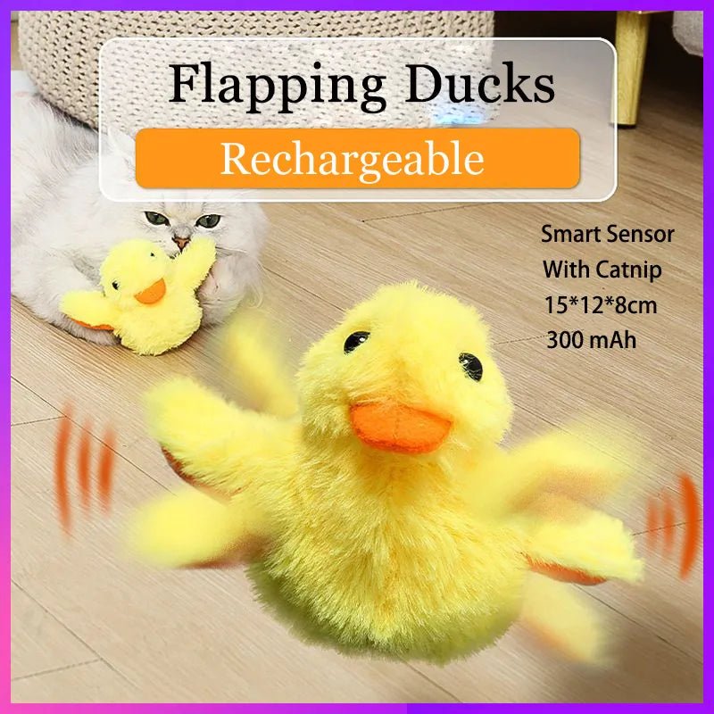 Flapping duck toy with catnip for cats, on a wooden floor with a cat in the background.