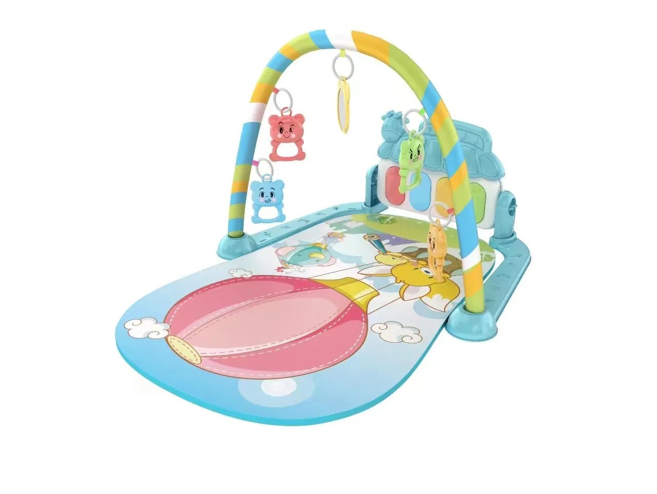 Colorful baby play gym with toys on a white background