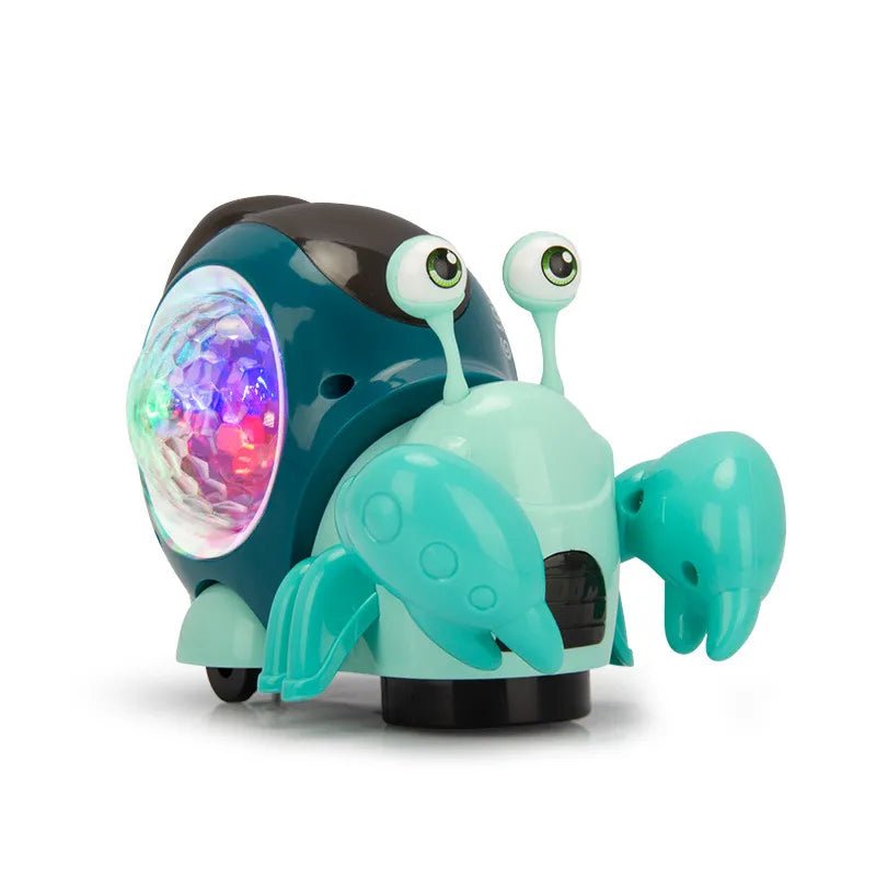 Toy robot with colorful light display on a white background