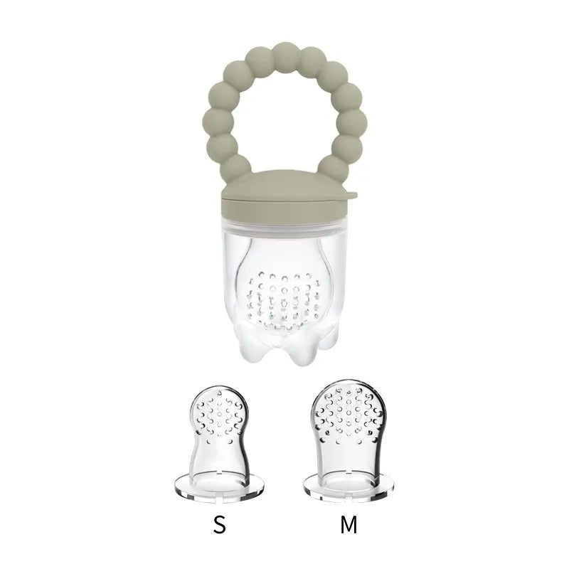 Teething toy with silicone beads and two size options labeled 'S' and 'M' on a white background.