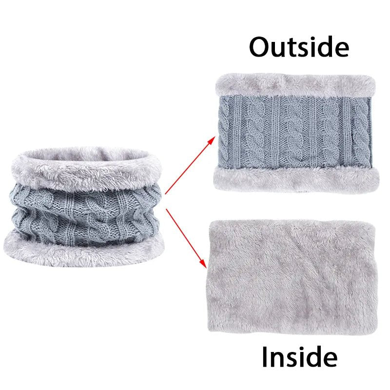 Gray knitted neck warmer with outside and inside views on a white background