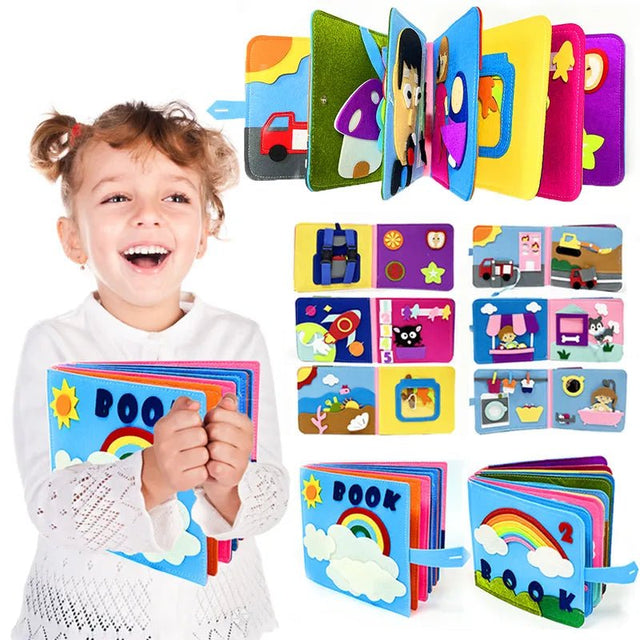 Child holding a colorful soft book with various illustrations, surrounded by additional open pages showing different images.