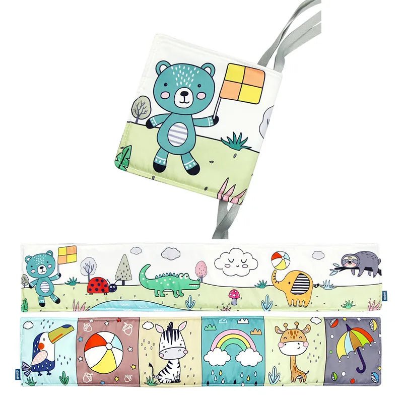 Children's toy with a bear design and a colorful banner with animal illustrations on a white background.