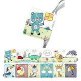 Children's toy with a bear design and a colorful banner with animal illustrations on a white background.