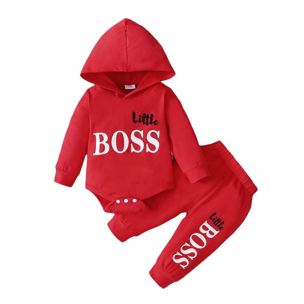 Red 'Little BOSS' hoodie and pants set on a white background