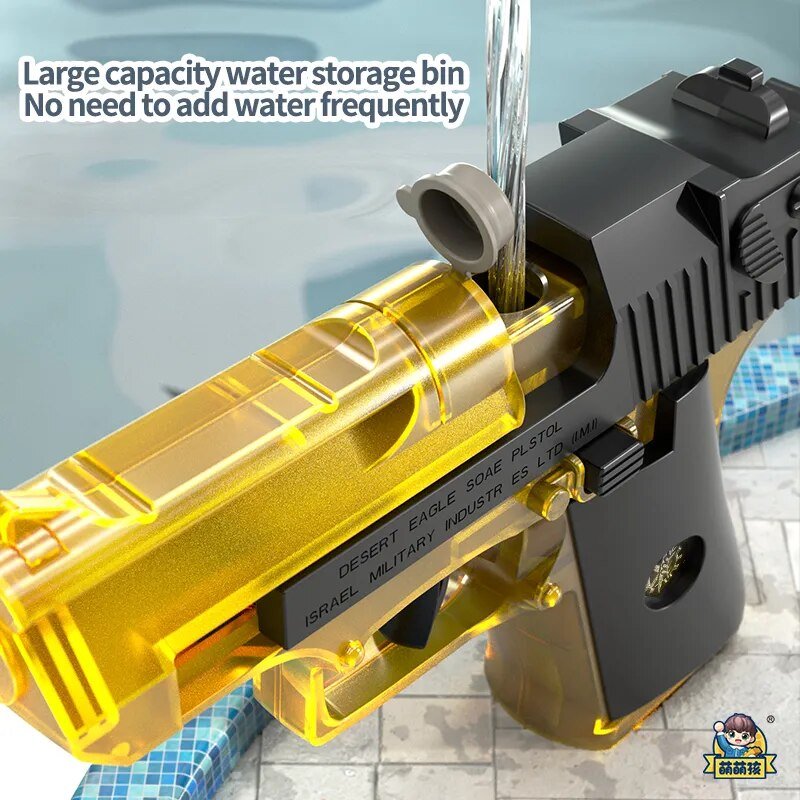Toy gun with a large capacity water storage bin near a pool.