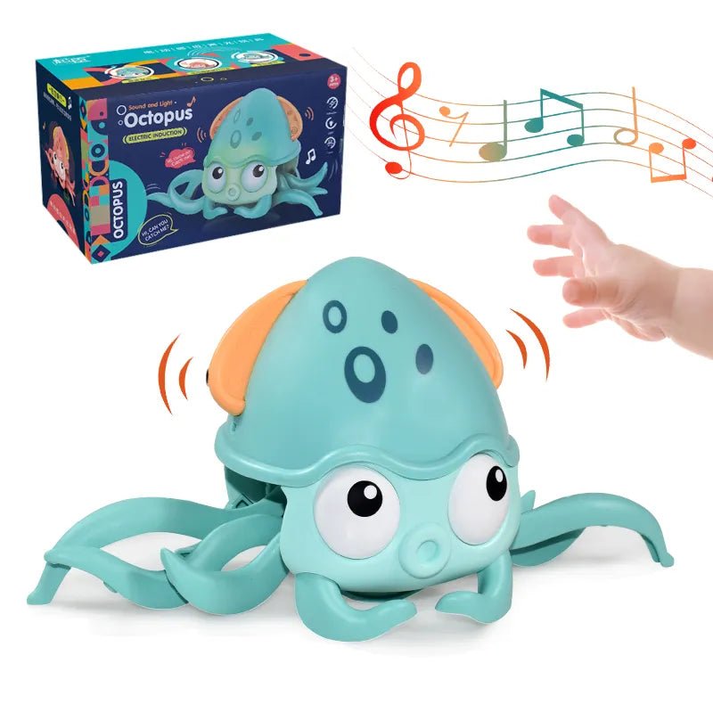 Toy octopus with music notes, hand reaching out, and packaging on a white background