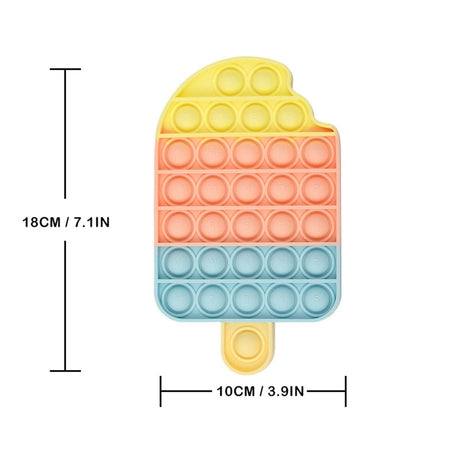 Colorful pop-it toy shaped like a popsicle with measurements on a white background