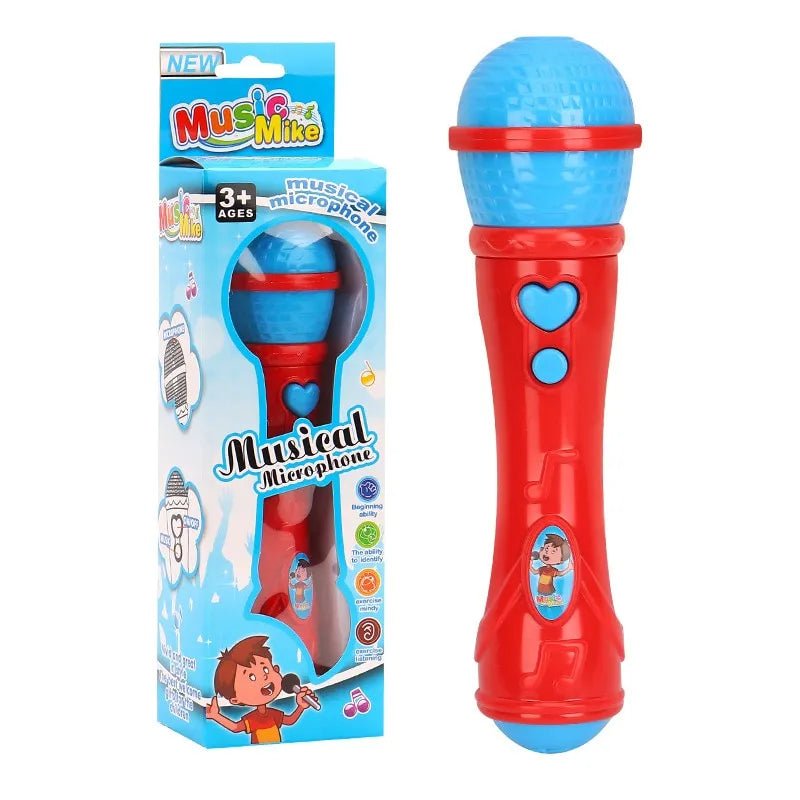 Red and blue toy microphone with packaging on a white background