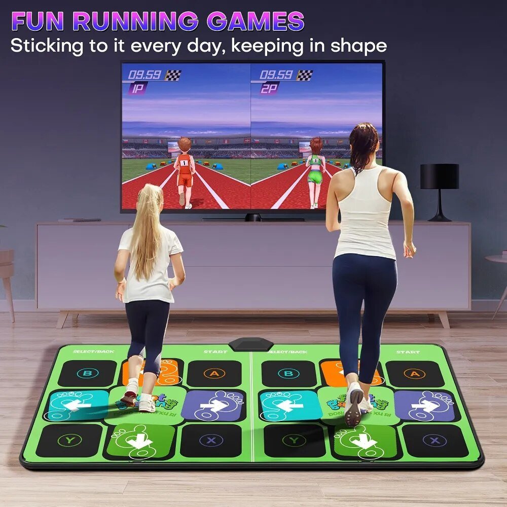 Two people playing a dance pad game in front of a TV screen displaying a running game.