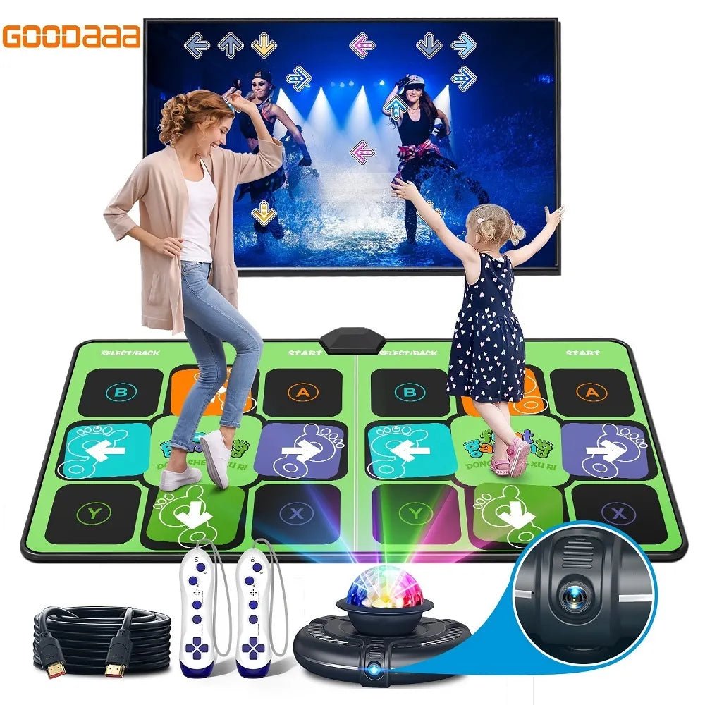 Dance mat with two controllers and a camera for interactive dancing, with a TV screen showing a dancing tutorial.