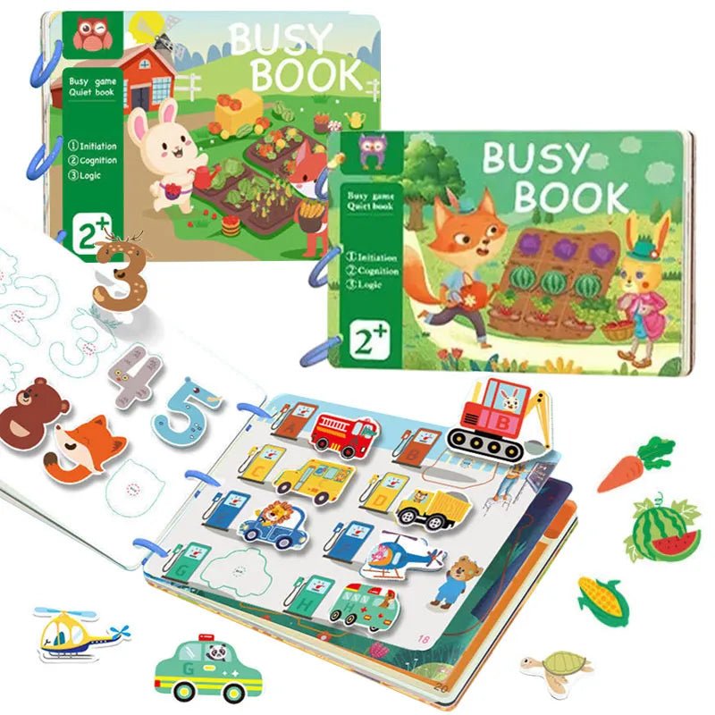 Children's busy book with colorful illustrations and magnetic pieces on a white background