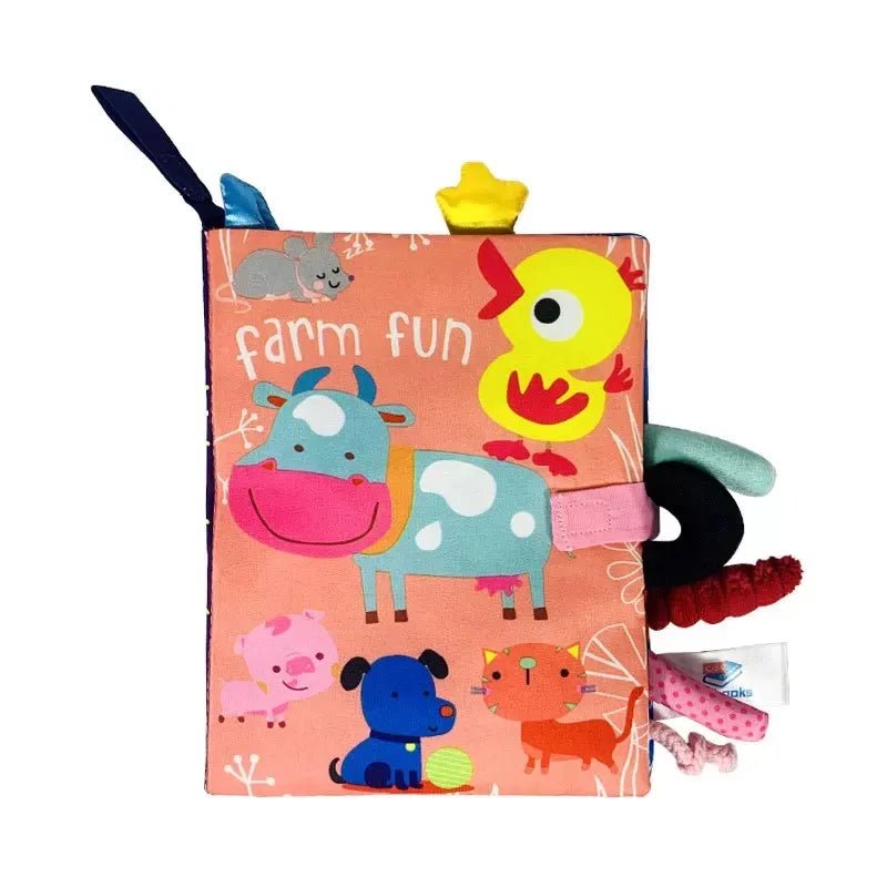 Children's soft book with farm animals illustrations on a white background