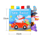 Children's soft book titled 'Sea Tails!' with colorful illustrations and measurements on a white background.