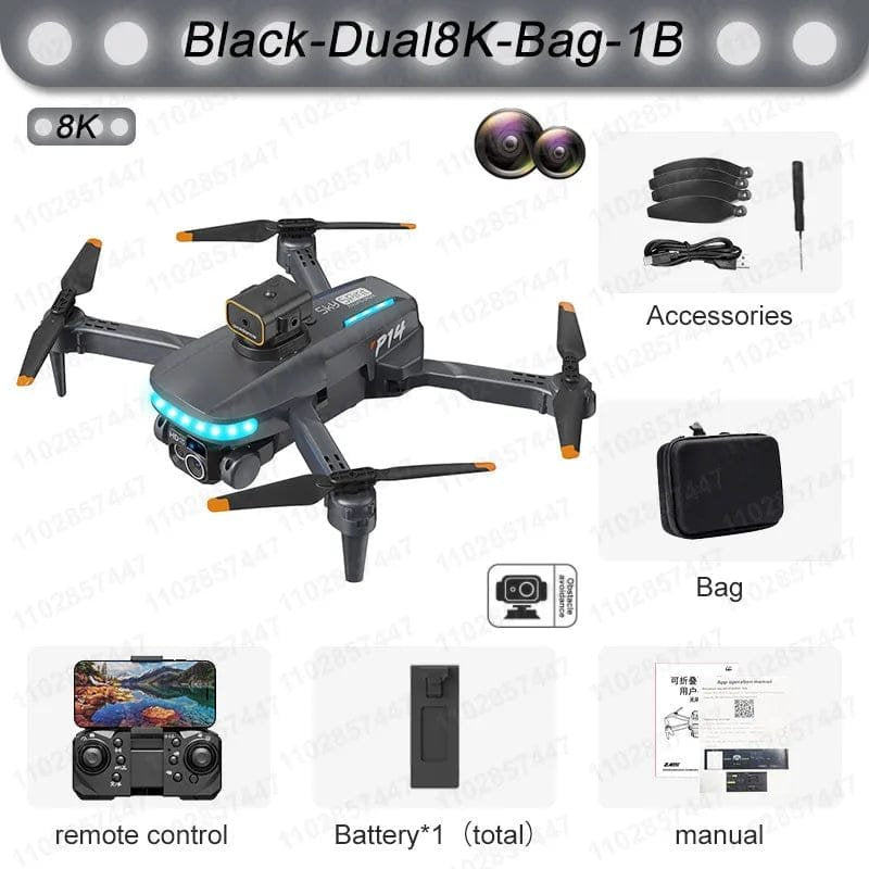 Black dual 8K drone with accessories on a white background