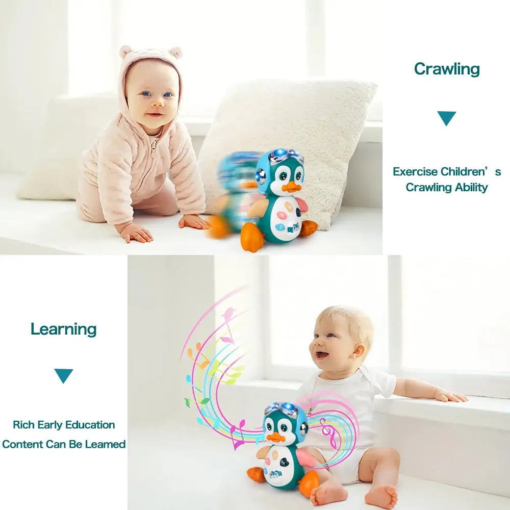 Two babies playing with the Musical Penguin Crawling Toy during floor time and crawling practice.