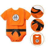 Orange baby onesie with black belt and white symbol.