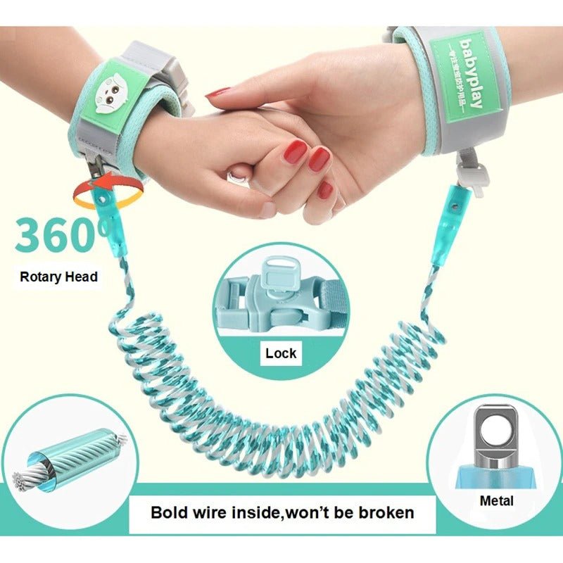 Baby anti-lost wrist link safety harness with 360-degree rotary head for toddler outdoor walking and childproofing outings.