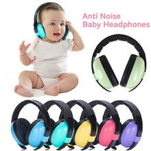 Baby wearing anti-noise sleeping earmuffs shown with colorful options for travel and naps.