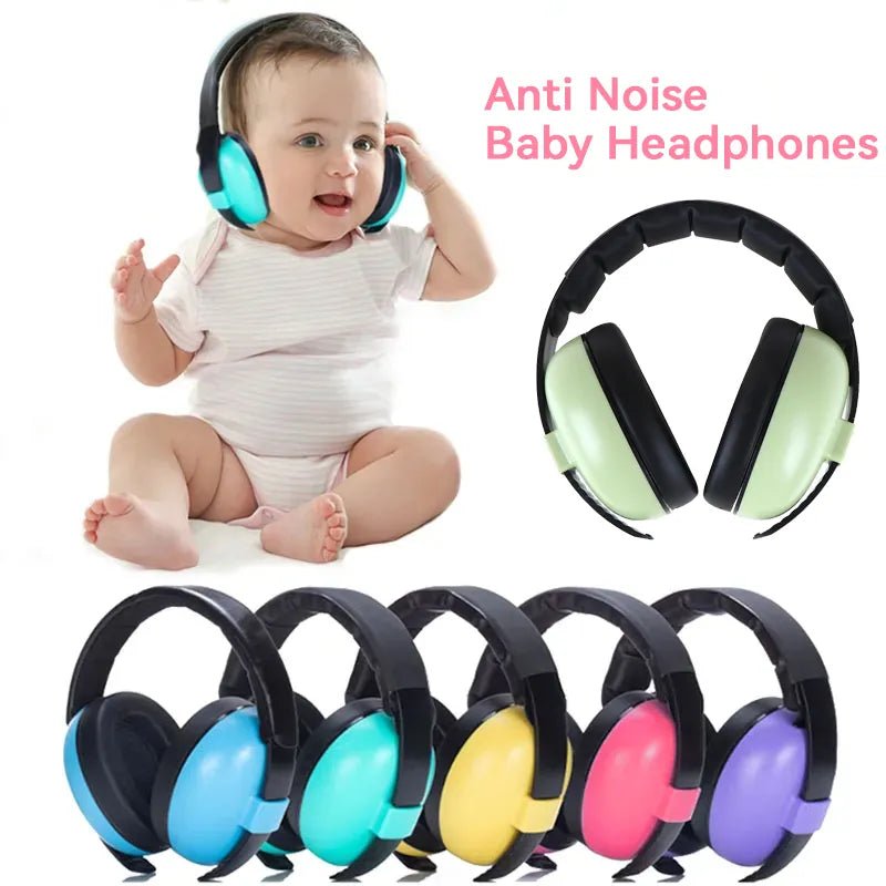 Baby wearing anti-noise sleeping earmuffs shown with colorful options for travel and naps.