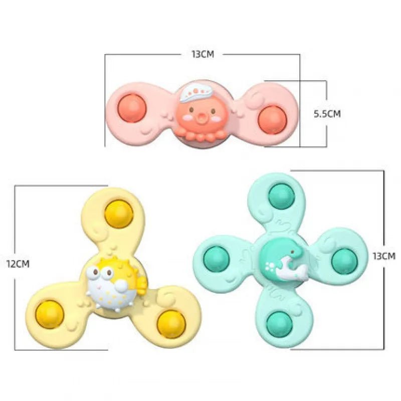3Pc baby bath fidget spinner set shown with size measurements for choosing the right bath toy fit.