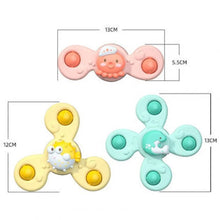 3Pc baby bath fidget spinner set shown with size measurements for choosing the right bath toy fit.