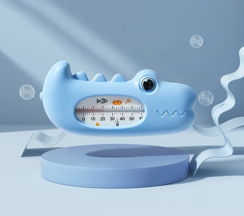 Baby Bath Thermometer blue shark float for bubble bath temperature checks and comfortable toddler washing.