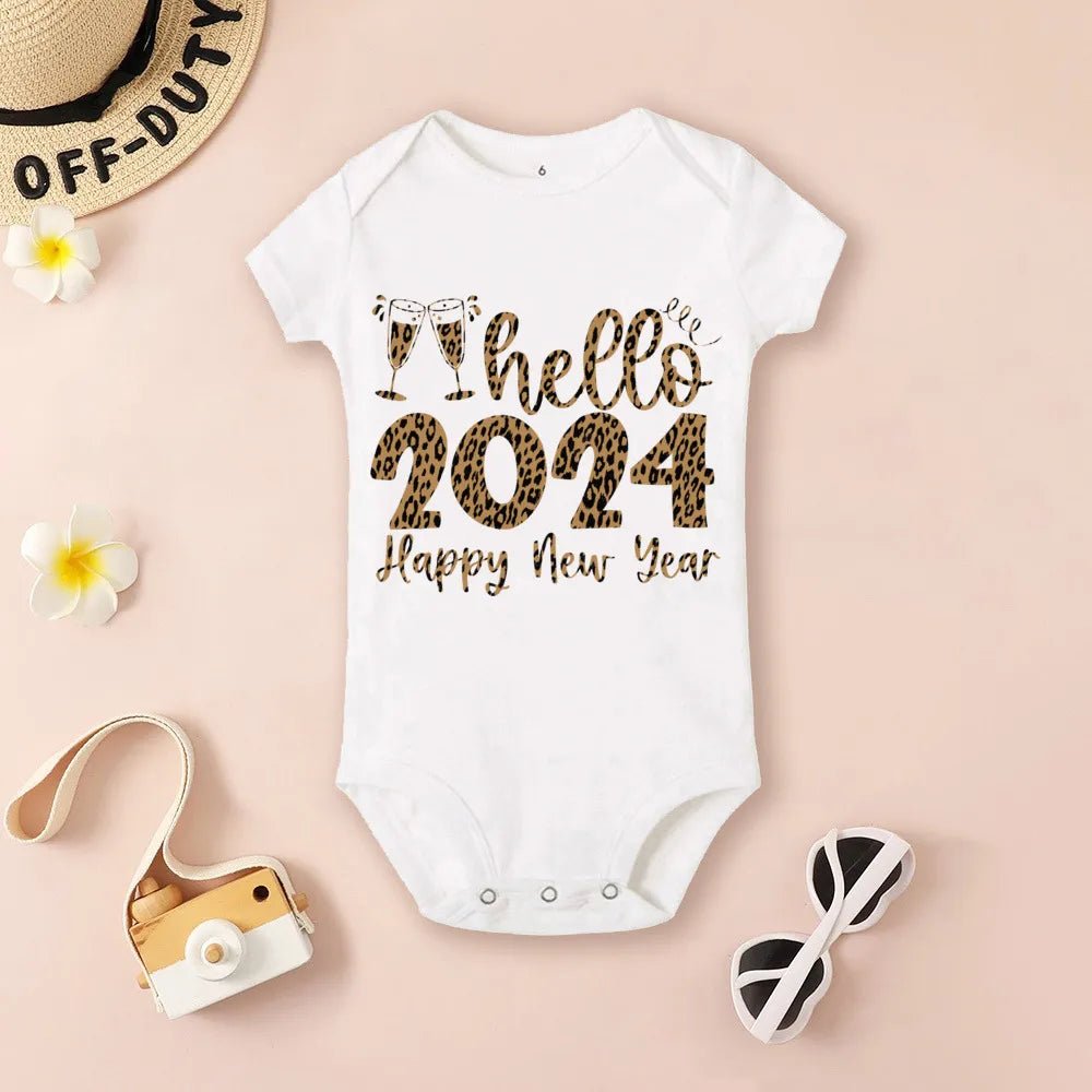 White baby onesie with 'Hello 2024 Happy New Year' text (option 5)