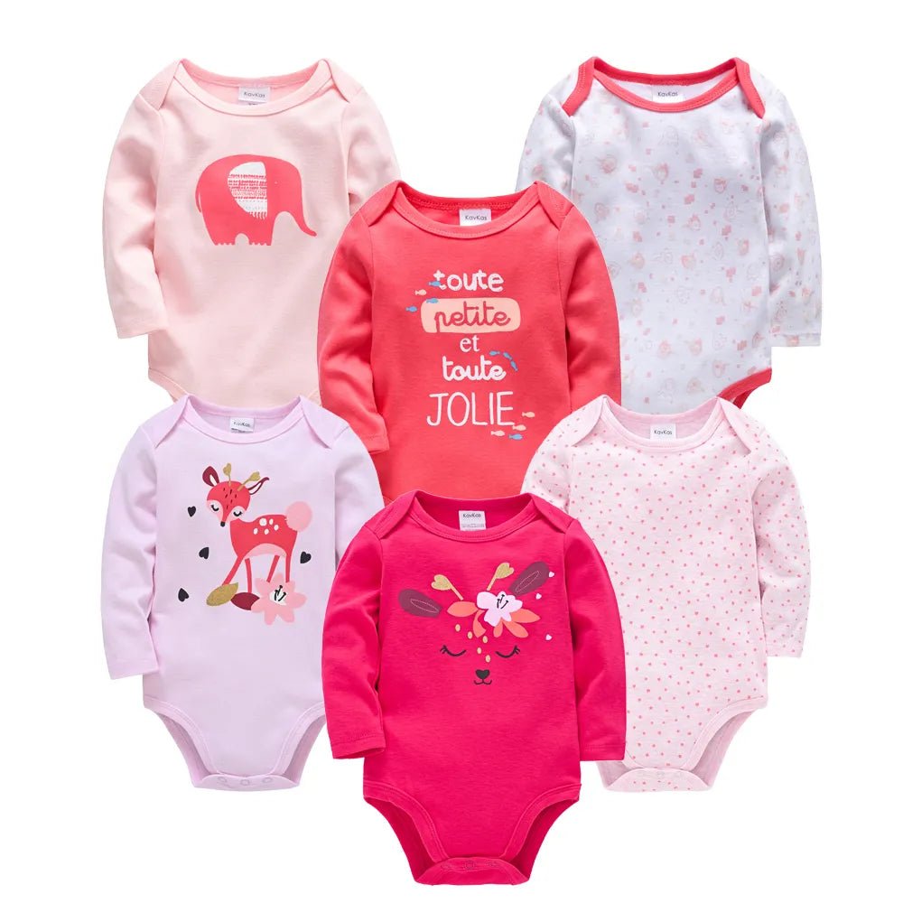 Set of colorful baby bodysuits with various designs