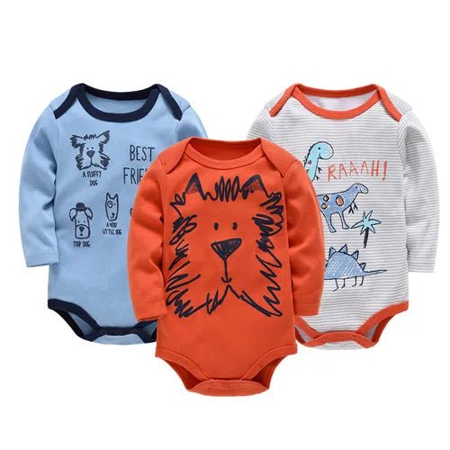 Three baby bodysuits with different designs 