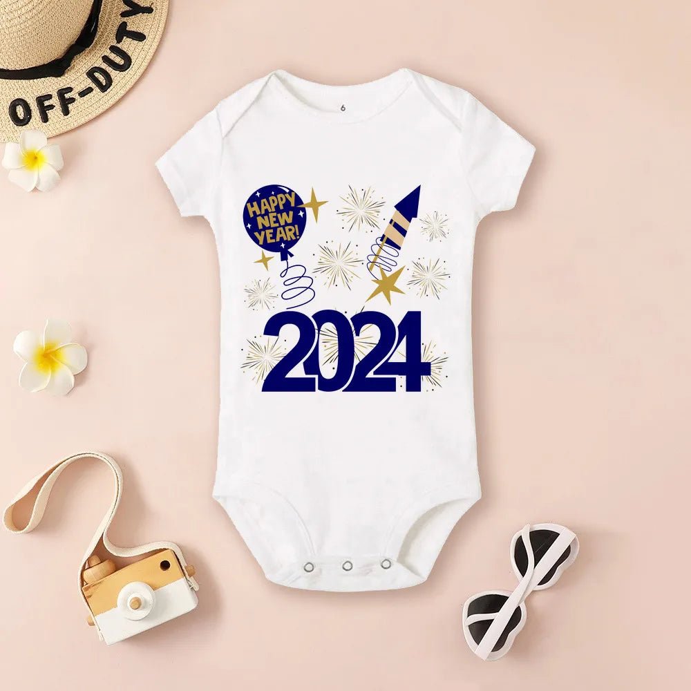 Baby onesie with 'Happy New Year 2024' design 