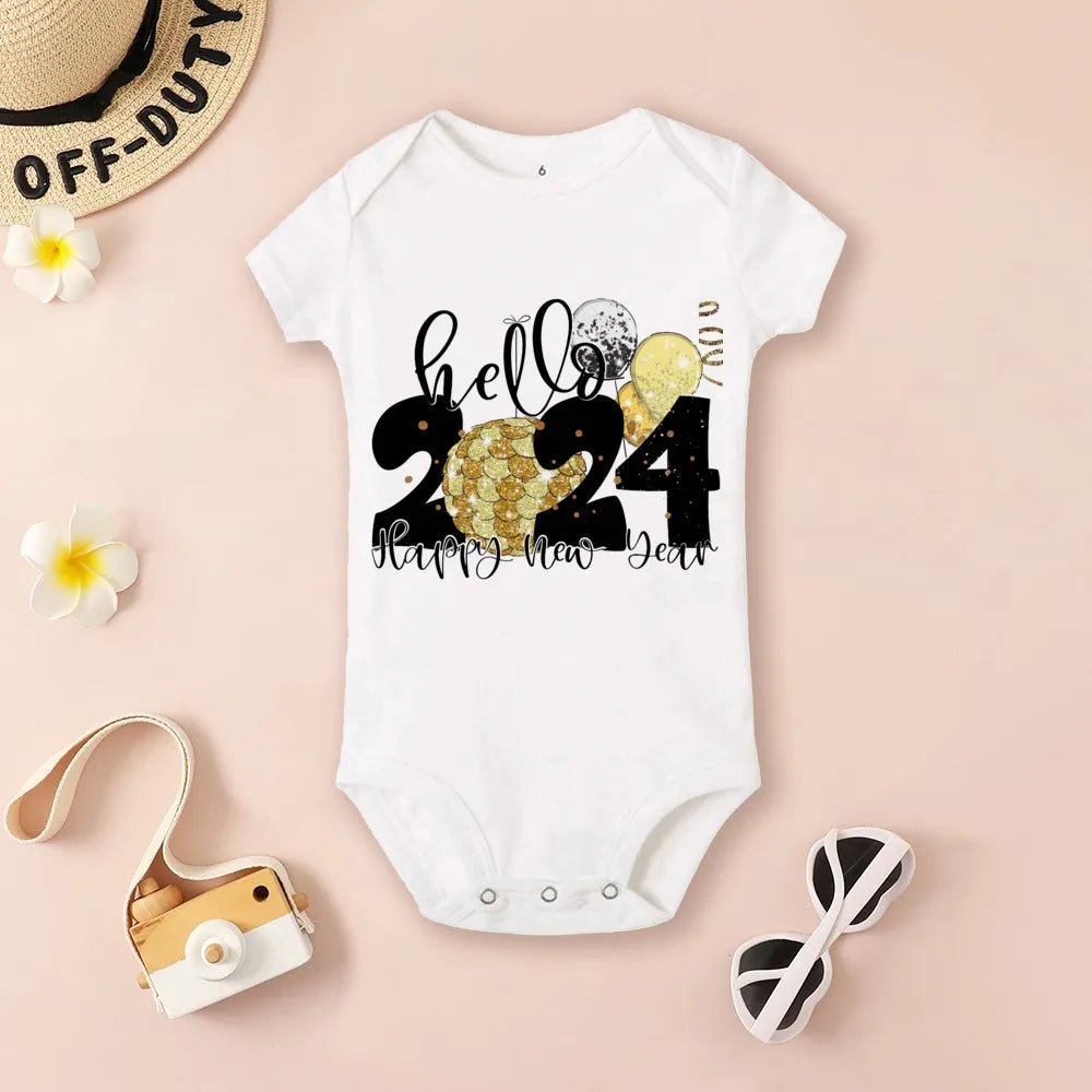 Baby onesie with 'hello 2024 Happy New Year' text (option 8)