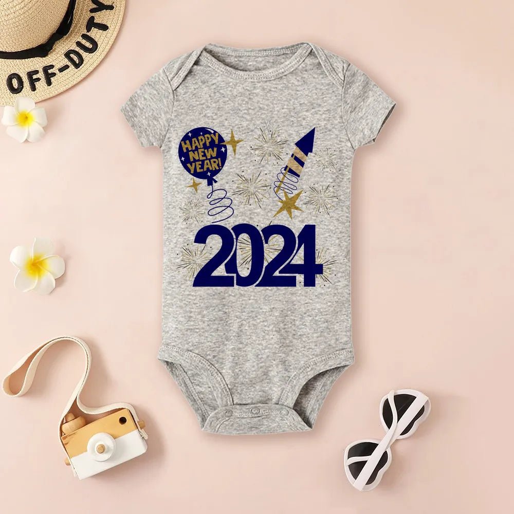 Gray baby onesie with New Year's design 