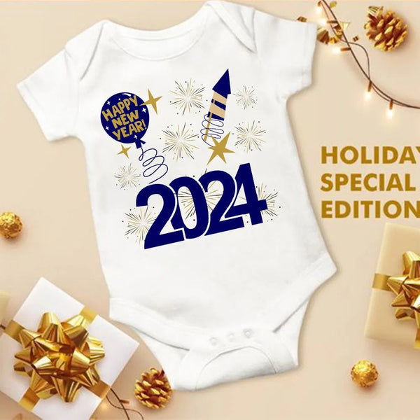 White baby onesie with New Year's design and festive decorations