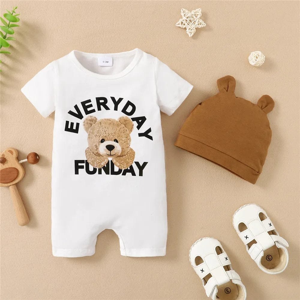 Baby Boy cotton romper with brown hat and sandals 2PCS set for newborn gifting, summer travel, and casual dressing.