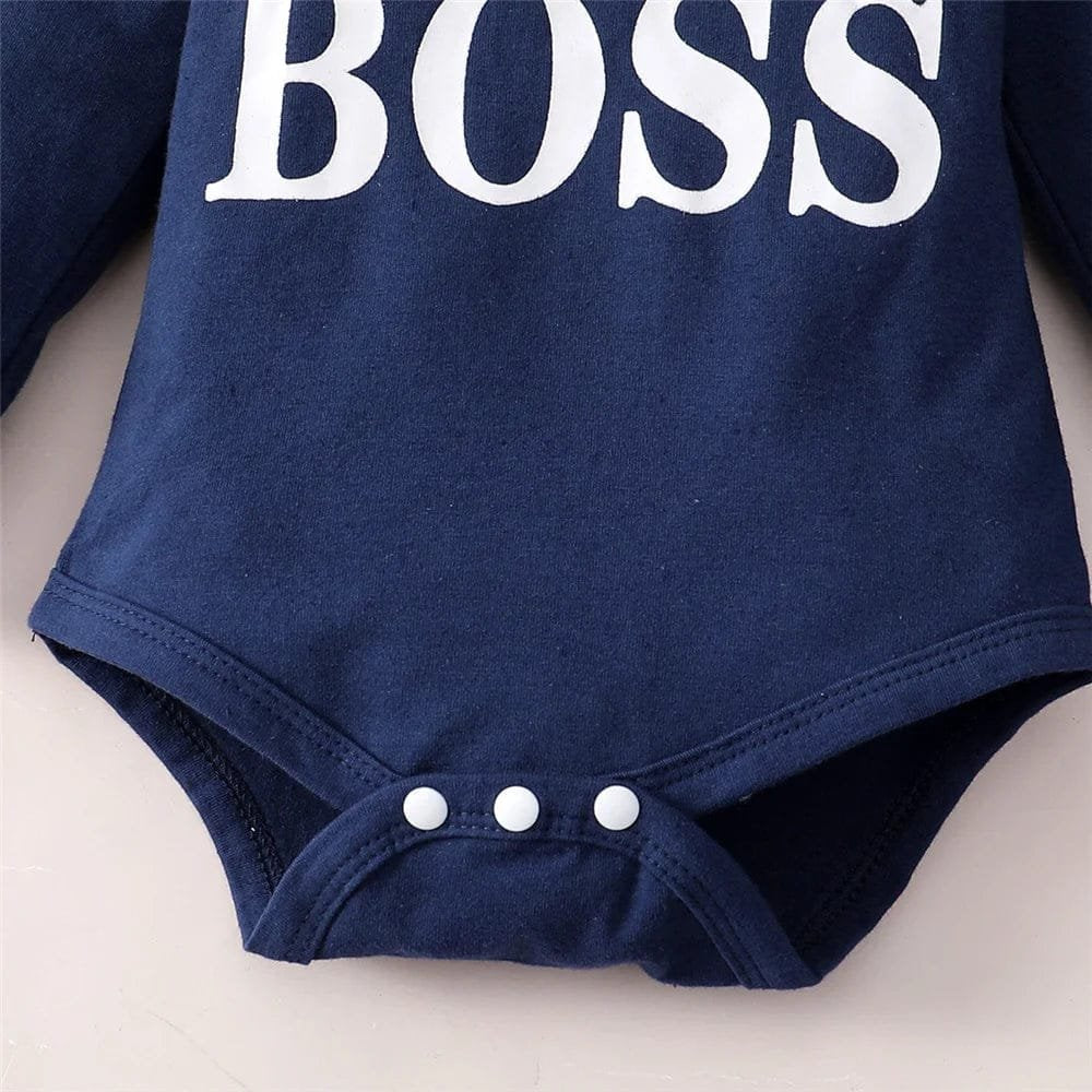 Navy Boss print baby bodysuit top for newborn daily wear and easy nappy changes.