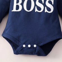 Navy Boss print baby bodysuit top for newborn daily wear and easy nappy changes.