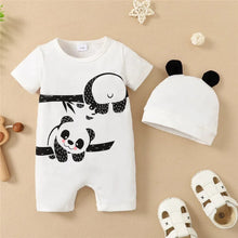 Baby Boy Panda Romper with white hat and shoes laid flat as a 2PCS summer bodysuit set for newborn daily dressing.