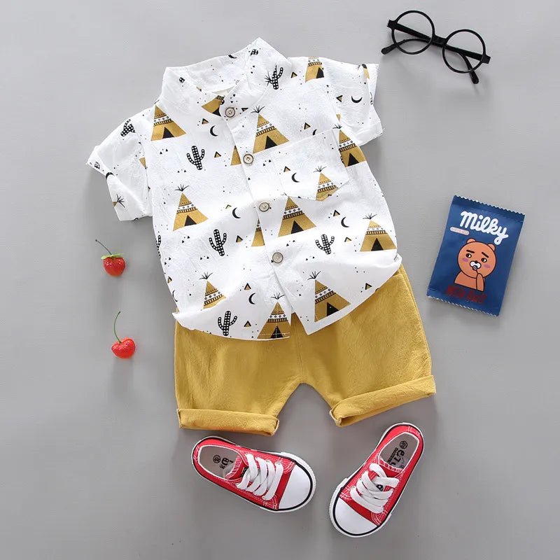 Baby boy white shirt and yellow shorts set for summer outings, nursery days, and family photos.