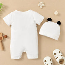 Baby Boy white summer romper and hat set styled with toys for nursery photos, baby showers, and everyday newborn wear.