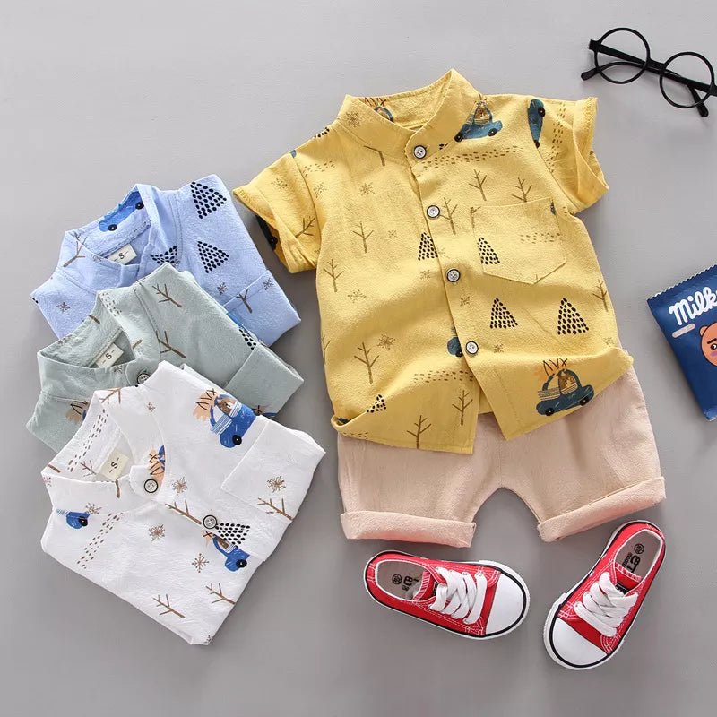 Baby boy yellow shirt and beige shorts lightweight suit for hot days and comfortable play.